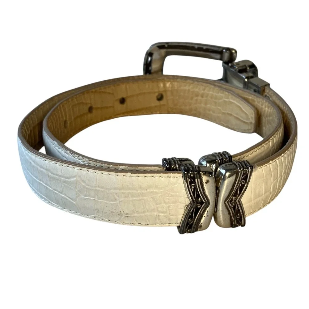 Brighton Reversible Croc‎ Embossed Leather Belt Tan White Silver Buckle M 30